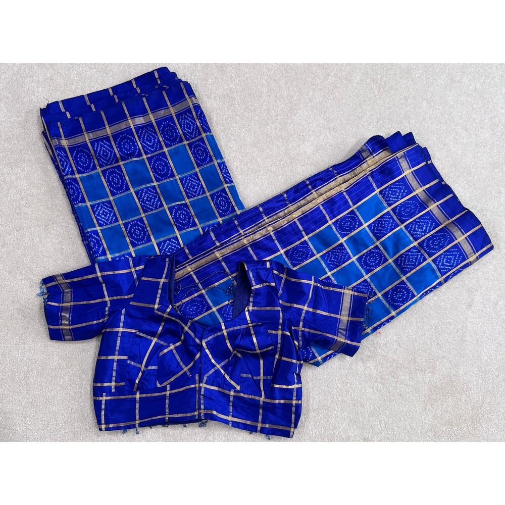 Royal Peacock Blue Checked Silk Saree Sari W/ Matching Gold Zari Blouse Set